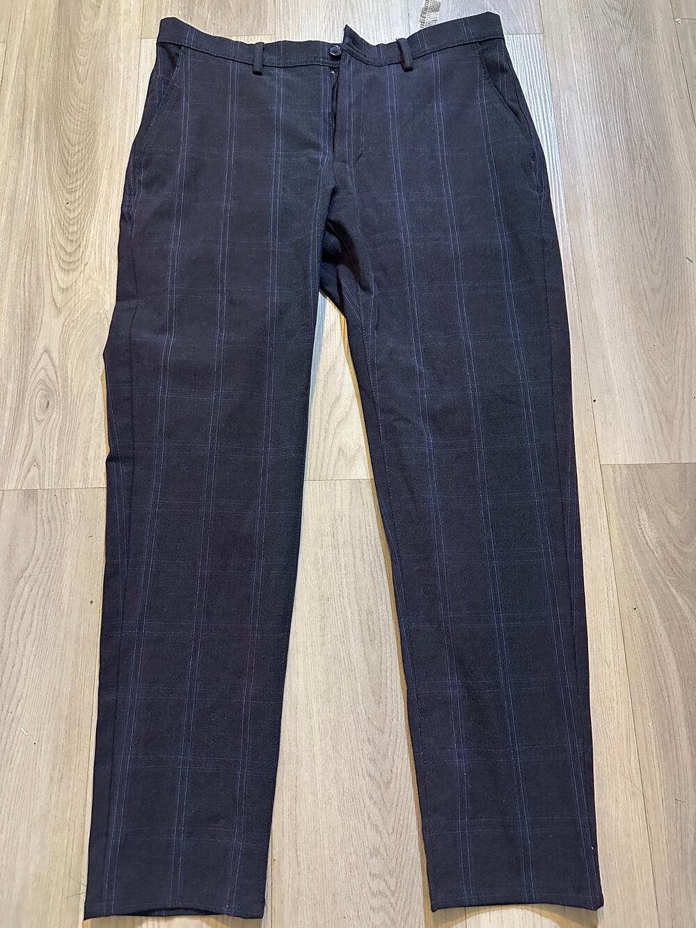 Zara The Melange Pant Mens 32 Dark Navy Checked Plaid Slim Bi Stretch Trousers
